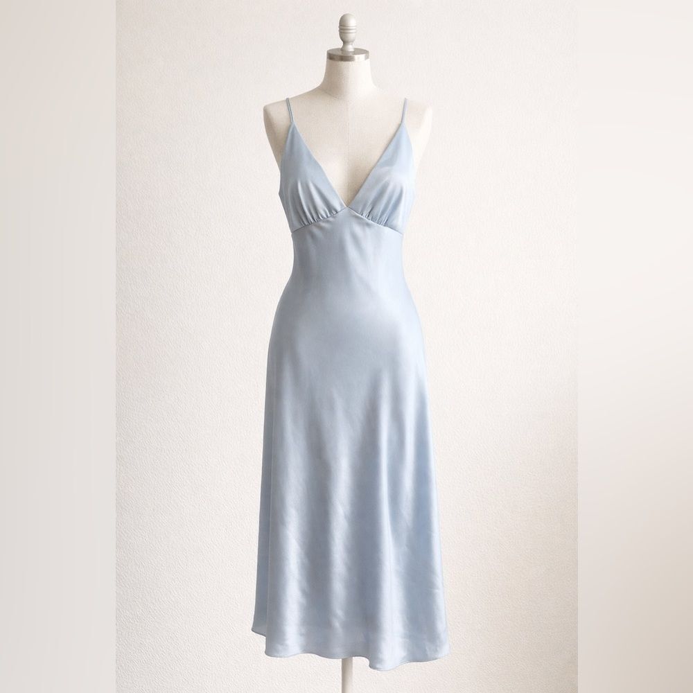 BHLDN Powder Blue Satin Slip Dress Minimalist 90s Style Spaghetti Strap Midi